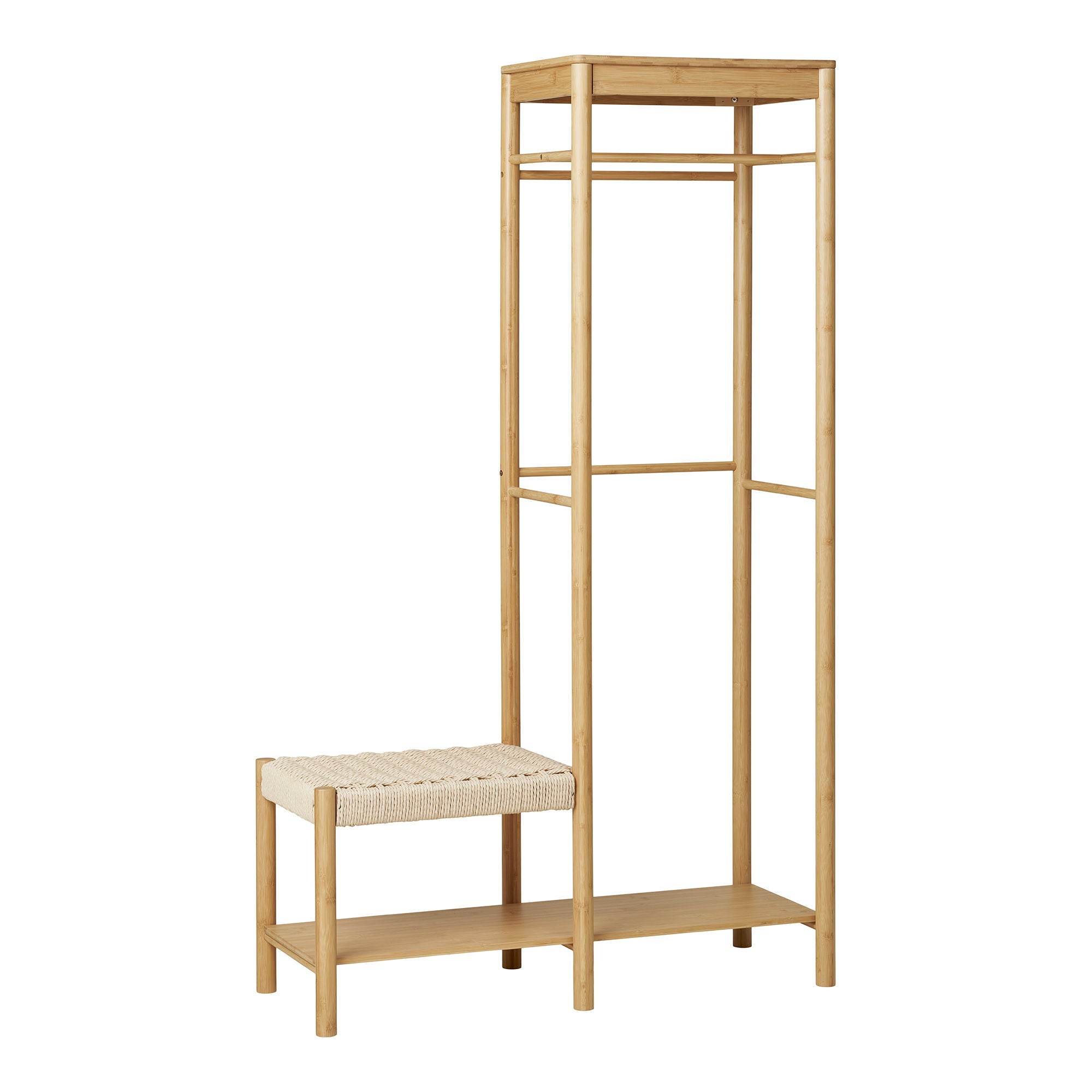 Ember – Kleiderständer mit Sitzbank, Bambus, natur, 36×95×165 cm